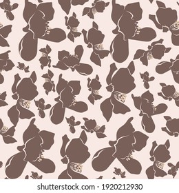 Seamless pattern with dark purple flowers on the soft color background