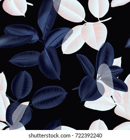 Seamless pattern, dark purple and light pink Ficus Elastica leaves on black background
