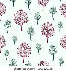 Seamless pattern with dark red and aquamarine abstract trees on a light blue background.Botanical print for fabric,wrapping paper,wallpaper,planners,mugs,background for your design
