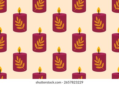 Patrón sin fisuras con velas de otoño rojo oscuro con decoración de hojas