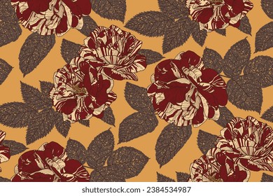 Seamless Pattern with Dark Red and Cream Roses and Grey Leaves on Sandy Brown Backdrop. Wallpaper Design for Print, Cover, Fabric, Wrapping Paper, Packaging, Cosmetics, Beauty Products