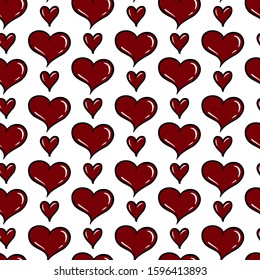 Seamless pattern with dark red hearts. Burgundy hearts texture isolated on white background. Cute hearts on cartoon style