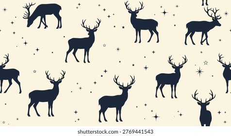 Seamless pattern with dark reindeer silhouettes and small stars on a light beige background for winter themes.