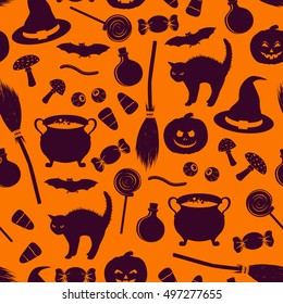 Seamless pattern with dark related halloween holiday object silhouettes on orange background. Traditional witches attributes. Scrapbook digital paper, textile print, page fill. Vector illustration