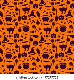 Seamless pattern with dark related halloween holiday object silhouettes on orange background. Traditional witches attributes. Scrapbook digital paper, textile print, page fill. Vector illustration