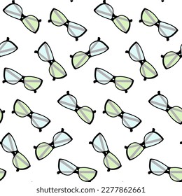 Seamless pattern with dark rimmed glasses and multi colored transparent glasses. Flat lay. Isolate