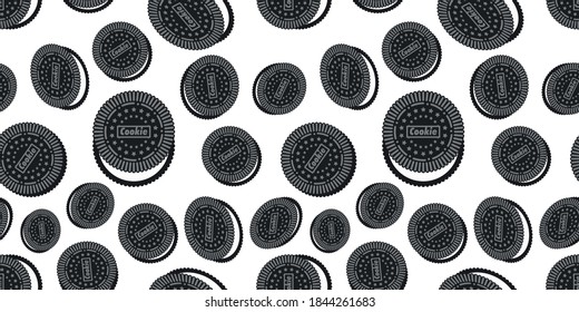 Seamless pattern of dark sandwich cookies. Easy to use in design. Pastry background. Food ornament. Baking menu decoration. Cute food texture. Vector illustration EPS10.
