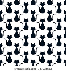Seamless pattern with a dark silhouette of a cat on a white background. Vector flat illustration.
