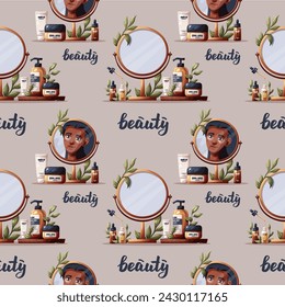 Seamless pattern with dark skin woman in the mirror reflection, creams, serum. Beauty, skin care, cosmetic, self care, spa concept. Vector illustration for background, scrapbooking, wrapping paper.