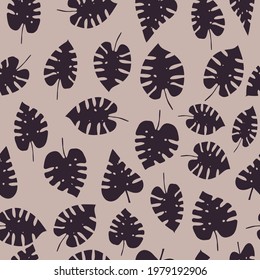 Seamless pattern with dark tropical monstera leaves on a pastel dusty purple background. Vector.
