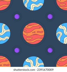 Seamless pattern. Dark vector illustration with abstract planet, star. Groovy galactic. Cartoon space. Playful, magic style. Design for wallpaper, fabric, wrapping paper, notebook