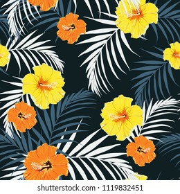 
Seamless pattern, dark vintage colors, palm leaves and yellow, orange hibiscus flowers on dark blue background. Vector illustration.
