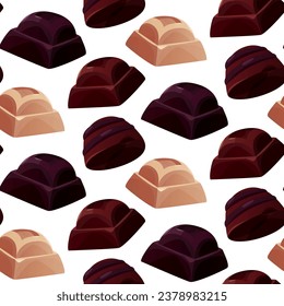 Seamless pattern with dark, white chocolate bar pieces, candy. Chunks and blocks of brown chocolate. Milk sweet dessert, cooking ingredient for confectionery shop. Vector for poster, banner, website.