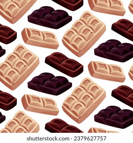 Seamless pattern with dark, white chocolate bar pieces, candy. Chunks and blocks of brown chocolate. Milk sweet dessert, cooking ingredient for confectionery shop. Vector for poster, banner, website.