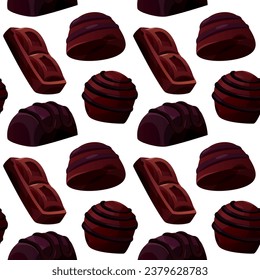 Seamless pattern with dark, white chocolate bar pieces, candy. Chunks and blocks of brown chocolate. Milk sweet dessert, cooking ingredient for confectionery shop. Vector for poster, banner, website.