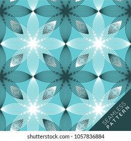 Seamless pattern of dark and white symetric flower outlines on blue background. good for fabric,textile and  paper design.