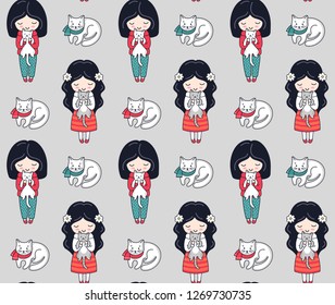 Seamless pattern with dark-haired little girl and cats. Vector background for postcards, wallpaper, textiles, bed linen, tissue, print, wrapping.