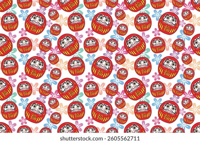 Seamless pattern of daruma famous Japanese traditional doll with text meaning good luck with cherry blossoms drawing in colorful cartoon vector