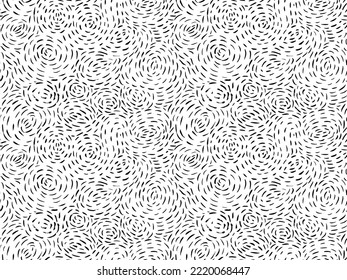 Seamless pattern with dashed strokes. Hand drawn hatching texture, chaotic short lines in swirls. Brush drawn random dots and strokes ornament. Vector black and white doodle pattern. 