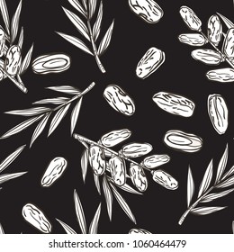Seamless pattern with date fruit branch, date fruits and palm leaves. Vector hand drawn sketchy style illustration. Lined drawing isolated on black. Pattern in swatch