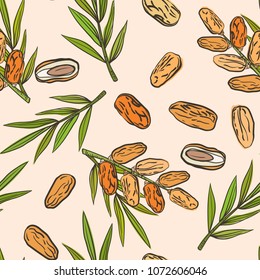 Seamless pattern with date fruit branch, date fruits and palm leaves. Vector hand drawn sketchy style illustration. Pattern in swatch