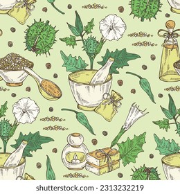 Patrón sin foco con datura stramonium: hojas, flores de datura estramonium y planta. Datura común. Aceite, jabón y sal de baño. Cosméticos y plantas médicas. Ilustración dibujada a mano por el vector