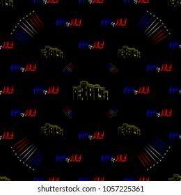 Seamless pattern Day of Bastille with planes and tower on black background