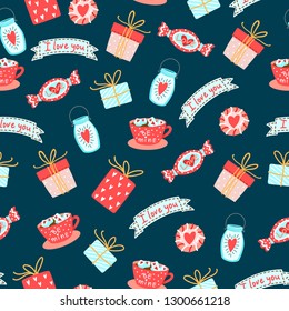Seamless Pattern for Valentine’s day with cute candies with heart and gift boxes