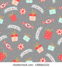 Seamless Pattern for Valentine’s day with cute candies with heart and gift boxes