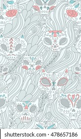 Seamless pattern - Day of The Dead cartoon calaveras cat skull with floral ornament. Happy Halloween wallpaper. Mexican holiday illustration. 