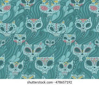 Seamless pattern - Day of The Dead cartoon calaveras cat skull with floral ornament. Happy Halloween wallpaper. Mexican holiday illustration. 