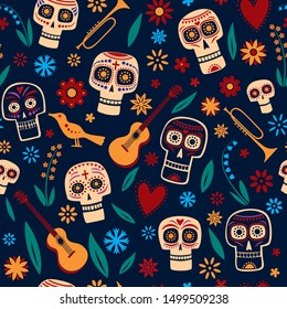 Seamless pattern Day of the Dead.  Decorative Skulls and Flowers. Vector full color graphics