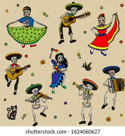 Seamless Pattern. Day of the Dead (Dia de los Muertos). The Skeleton Musicians. Mariachi Band. Vector Illustration.