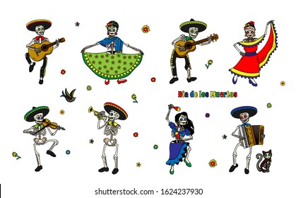 Seamless Pattern. Day of the Dead (Dia de los Muertos). The Skeleton Musicians. Mariachi Band. Vector Illustration.