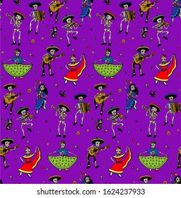 Seamless Pattern. Day of the Dead (Dia de los Muertos). The Skeleton Musicians. Mariachi Band. Vector Illustration.