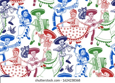 Seamless Pattern. Day of the Dead (Dia de los Muertos). The Skeleton Musicians. Mariachi Band. Vector Illustration.