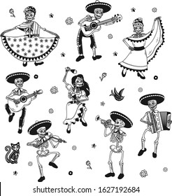 Seamless Pattern. Day of the Dead (Dia de los Muertos). Skeleton Musicians. Mariachi Band. Vector Illustration.