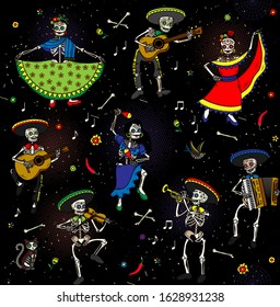 Seamless Pattern. Day of the Dead (Dia de los Muertos). Skeleton Musicians. Mariachi Band. Vector Illustration.