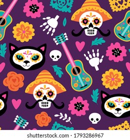 Seamless pattern for Day of the dead Dia de los Muertos holiday. Childish background for fabric, wrapping paper, textile, wallpaper and apparel. Vector illustration