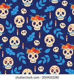 Seamless pattern for Day of the dead Dia de los Muertos holiday. Childish background for fabric, wrapping paper, textile, wallpaper and apparel