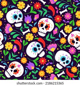 Nahtlose Muster für den Tag des toten Urlaubs Dia de los Muertos. Hintergrund mit Schädel und Blumenverzierungen. Vektorgrafik für Gewebe, Umhüllungspapier, Textilien, Tapeten und Bekleidung. 