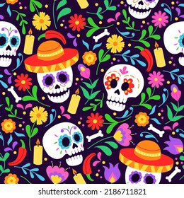 Nahtlose Muster für den Tag des toten Urlaubs Dia de los Muertos. Hintergrund mit Schädel und Blumenverzierungen. Vektorgrafik für Gewebe, Umhüllungspapier, Textilien, Tapeten und Bekleidung. 