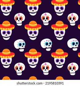 Seamless pattern for Day of the dead Dia de los Muertos holiday. Background with skulls. Vector illustration for fabric, wrapping paper, textile, wallpaper and apparel.