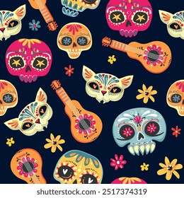 Seamless pattern for Day of the dead, Dia de los Muertos holiday. Skull and cats Childish background for fabric, wrapping paper, textile, wallpaper and apparel. Vector illustration