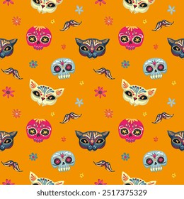 Seamless pattern for Day of the dead, Dia de los Muertos holiday. Skull and cats Childish background for fabric, wrapping paper, textile, wallpaper and apparel. Vector illustration