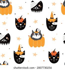 Seamless pattern for Day of the Dead or Halloween with spooky cat and pumpkin. Fall vector background.