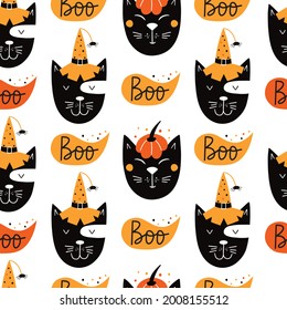 Seamless pattern for Day of the Dead or Halloween with spooky cat. Festive vector background.