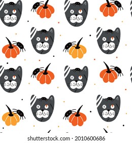 Seamless pattern for Day of the Dead or Halloween with spooky cat, pumpkin and spider. Festive vector background.