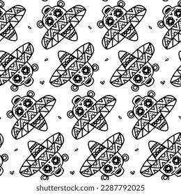 Seamless pattern for day of the dead in mexico, drawing in doodle style. Black on white Cheerful painted skulls in a sombrero. El Dia de Muertos. Vector hand drawn illustration.