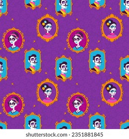 Seamless pattern for day of the dead with portraits of dead girls and man hanging on style. Seamless vector in purple, pink and blue shades for Mexican holiday in cartoon style